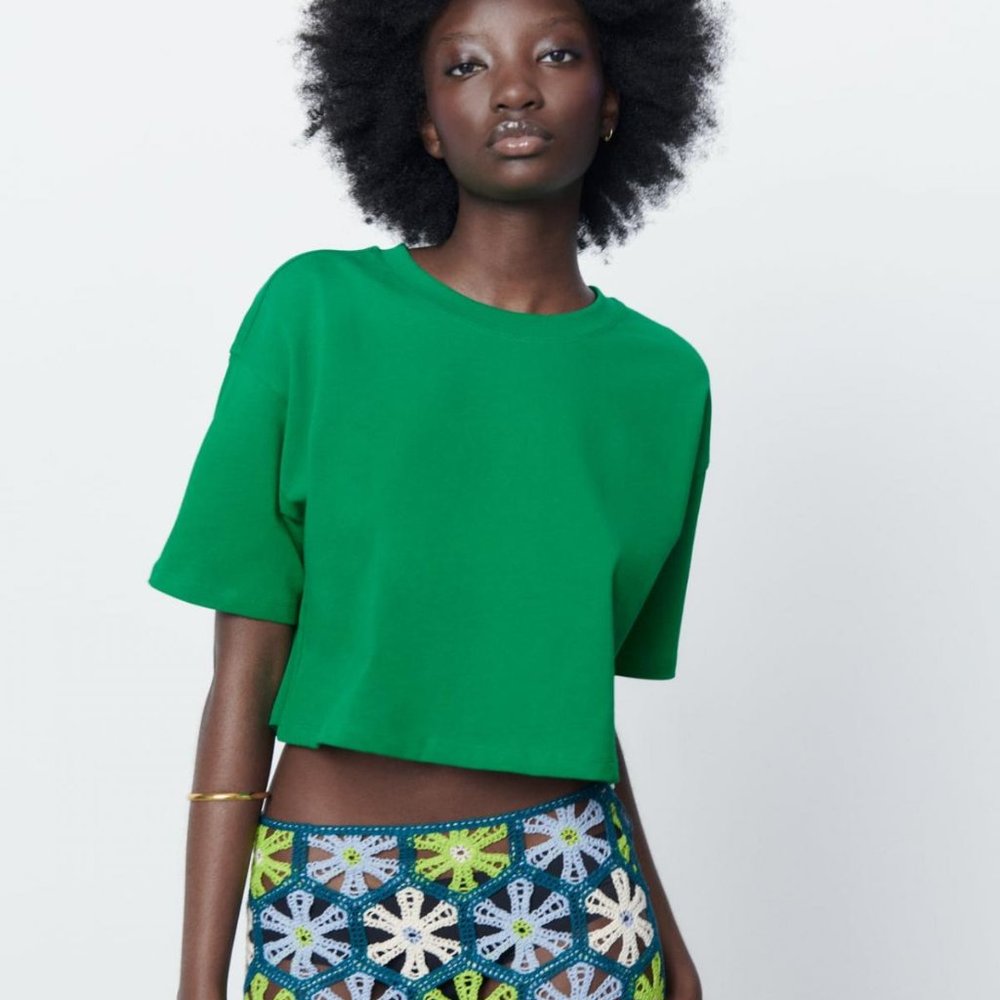 WHITE Zara Cropped Cotton Tee